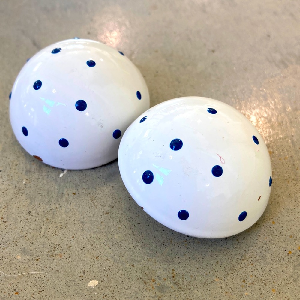 White metal lacquered navy dots Round dome Earrings 1960s clips.
